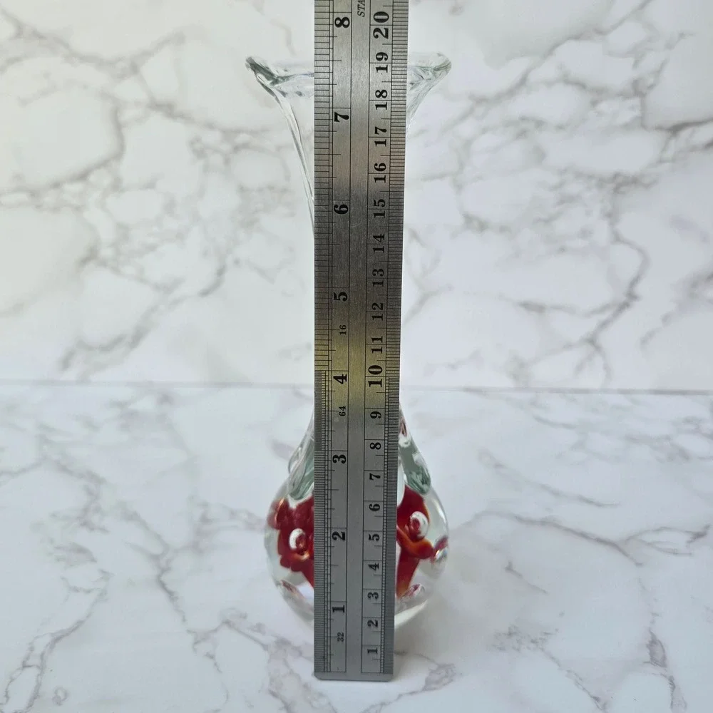 Vintage Paperweight Base Bud Vase  Art Glass Red White Flower Ruffled Rim 7.5 in
